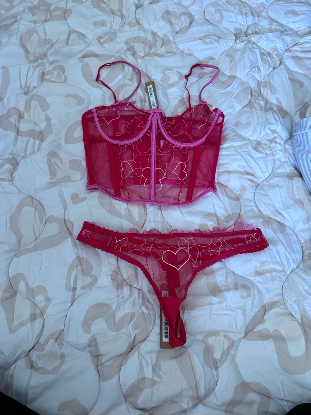 SKIMS Red Sheer Heart-Embroidered Bustier and Thong Set